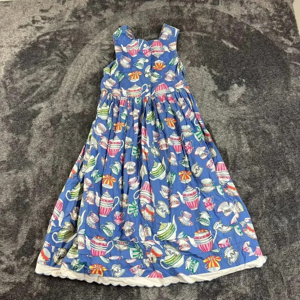Vtg Cary San Francisco Sleeveless Tea Cup Print Dress Girls 7 Blue Buttons